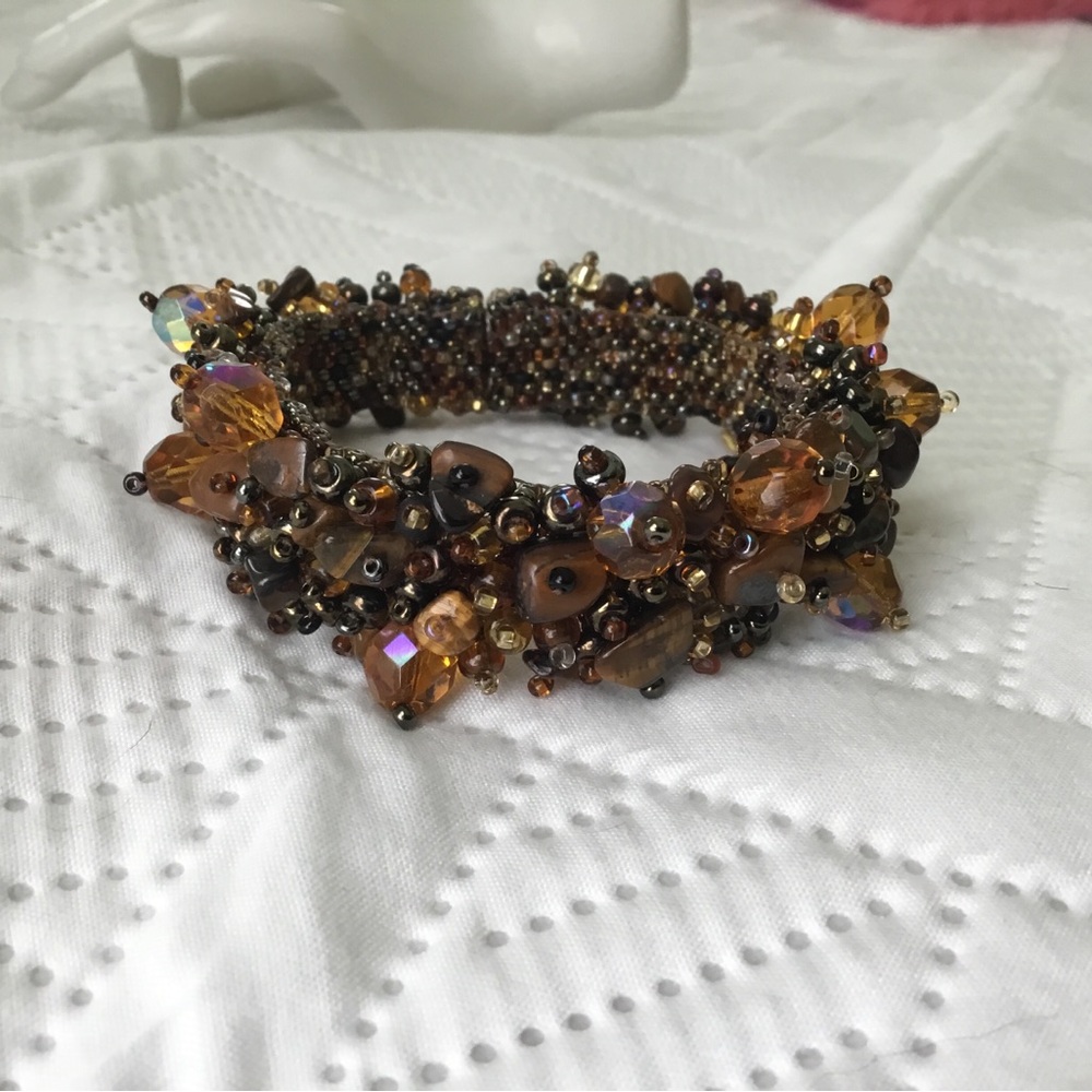 Handcrafted Czech Glass Amber Brown Beaded Cluster Bracelet